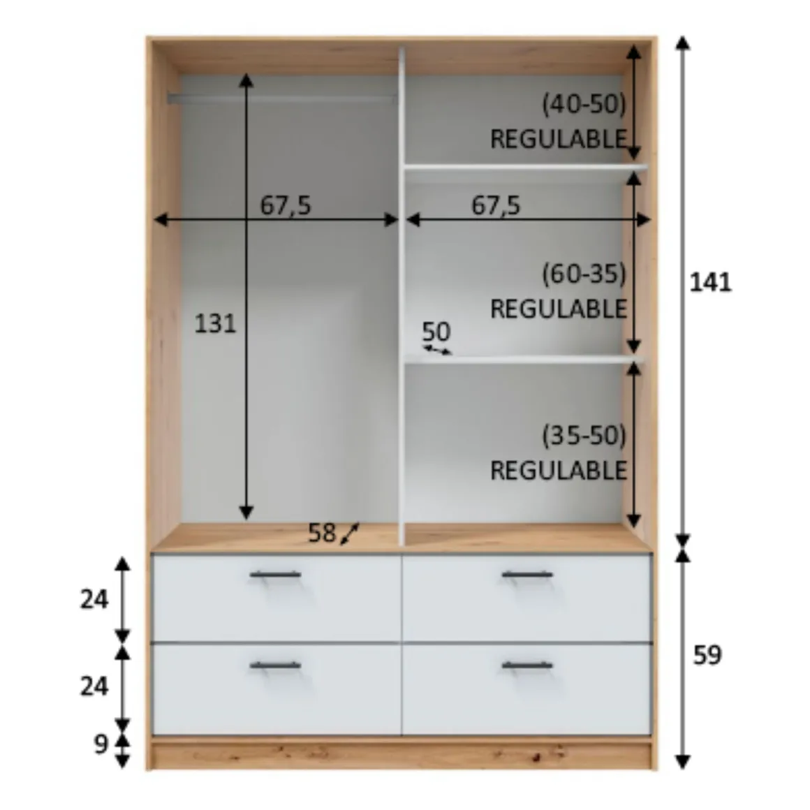 Armoire avec étagères et tiroirs blanc et chêne