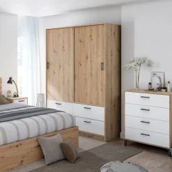 Armoire avec étagères et tiroirs blanc et chêne