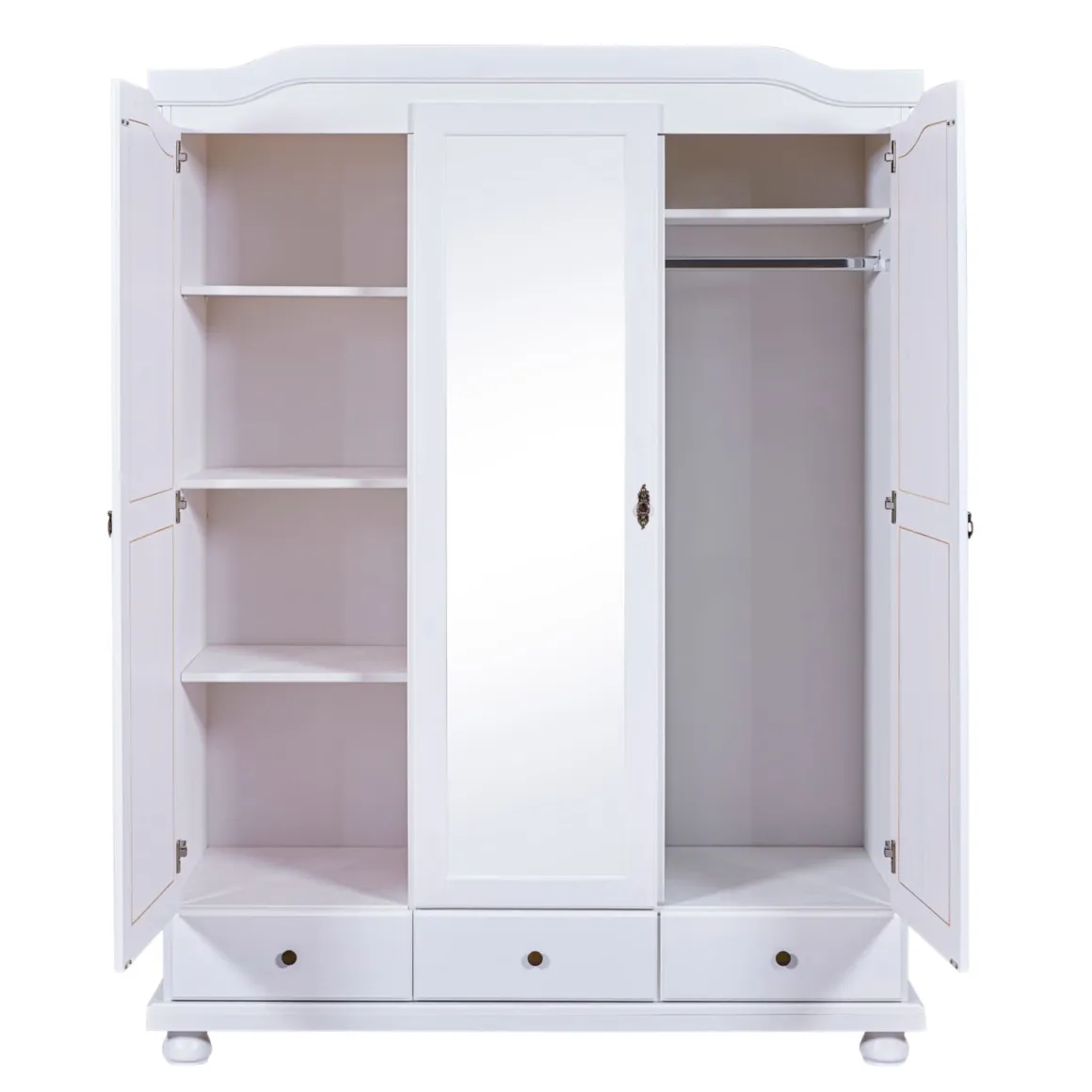 Armoire 3 portes 3 tiroirs en bois massif blanc - AR12048
