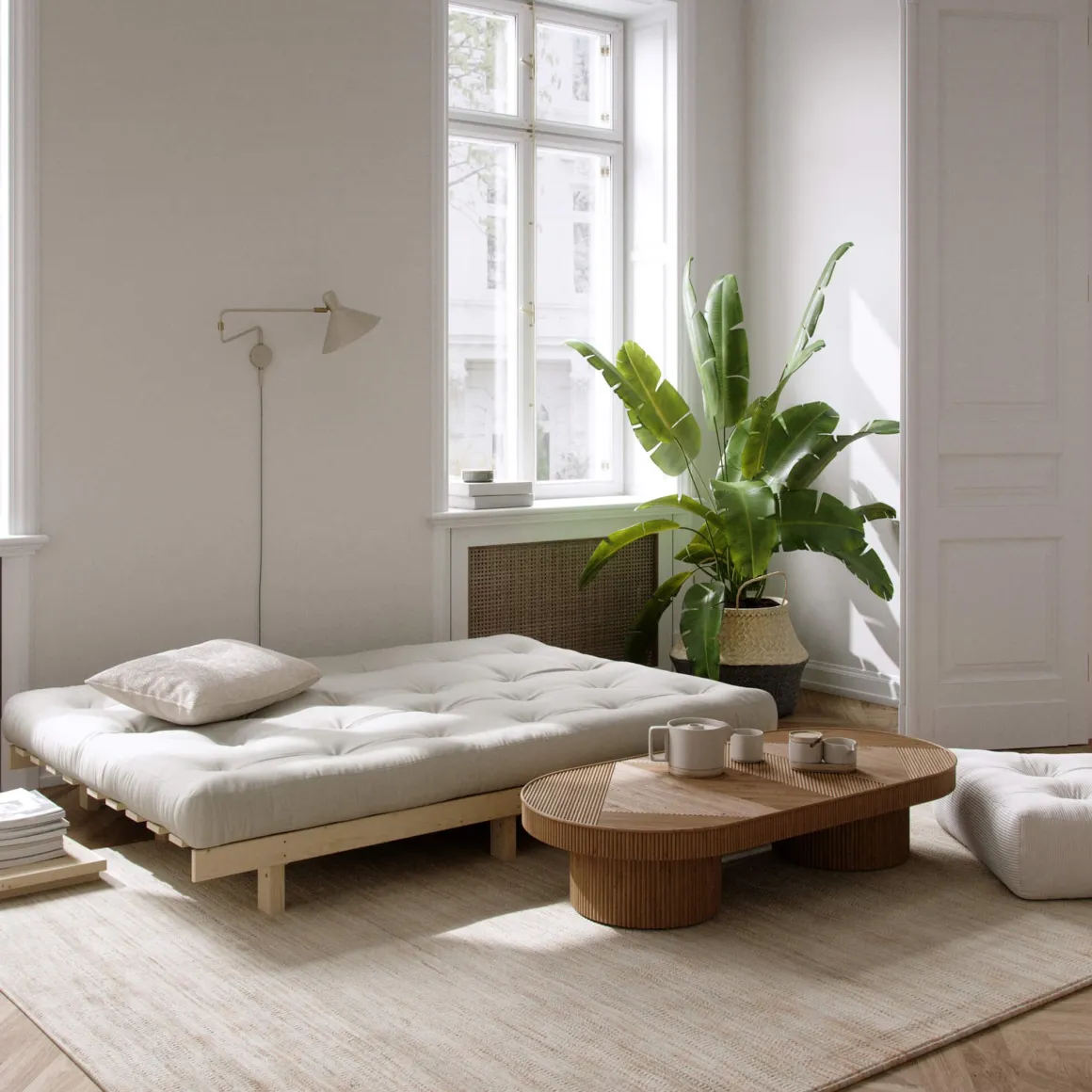 Banquette ajustable LEAN en pin massif naturel avec matelas futon 130x190