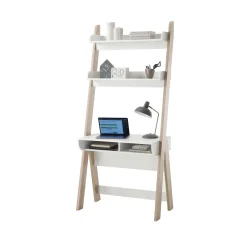 Bureau avec 2 étagères et 2 niches en MDF chêne clair et blanc - BU16022