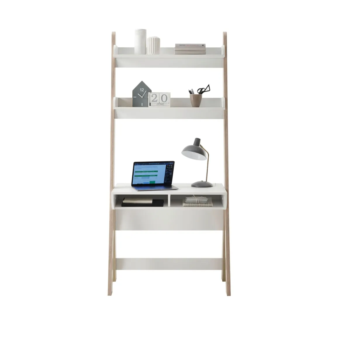 Bureau avec 2 étagères et 2 niches en MDF chêne clair et blanc - BU16022