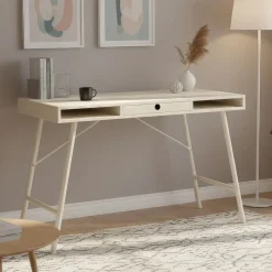 Bureau bois et métal beige avec tiroir et niches