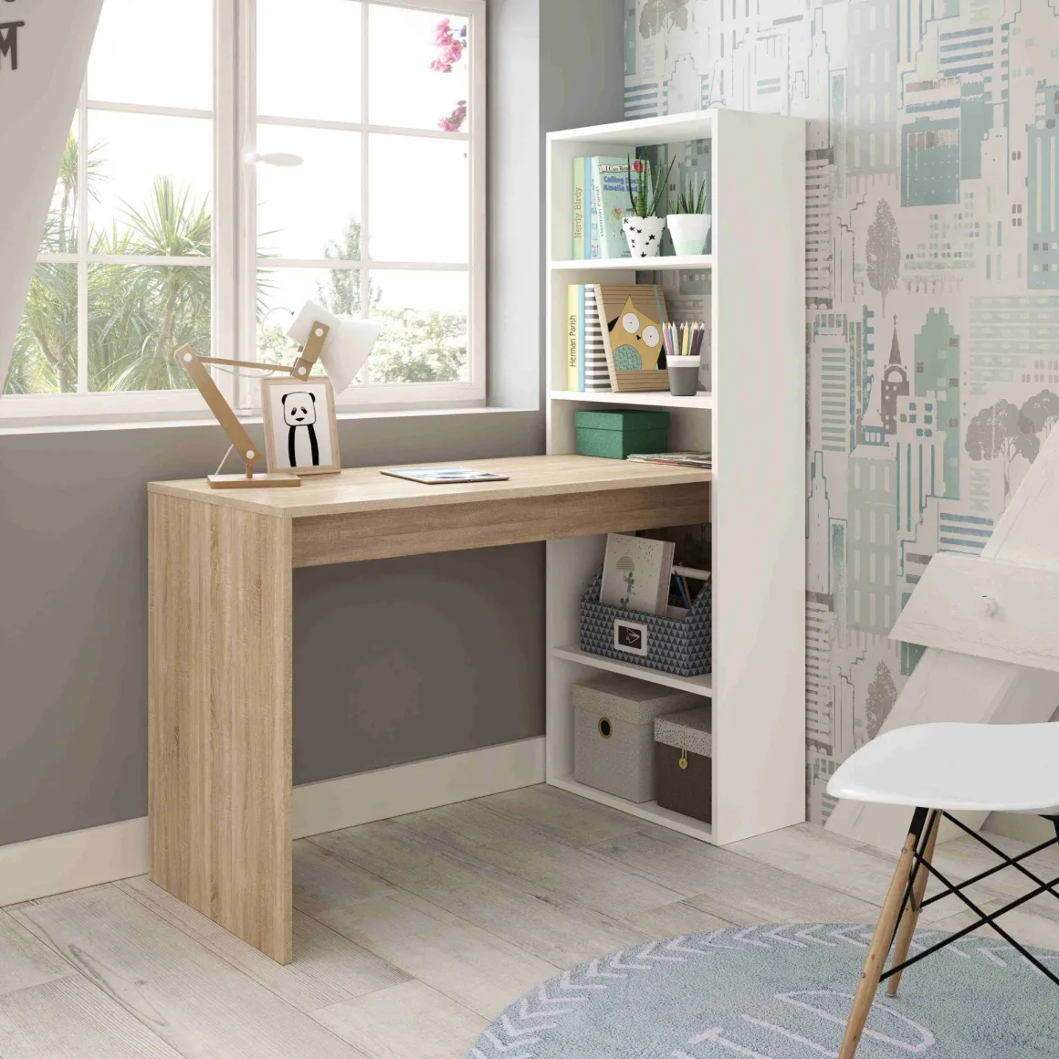 Bureau en bois réversible avec étagères