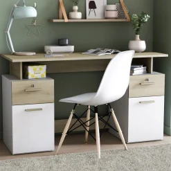 Bureau 2 portes et 2 tiroirs coloris chêne clair et blanc - BU223