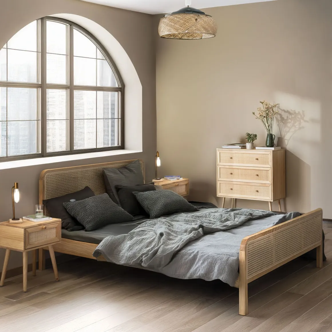Chambre complète lit cannage avec commode et 2 chevets bois naturel ANNA