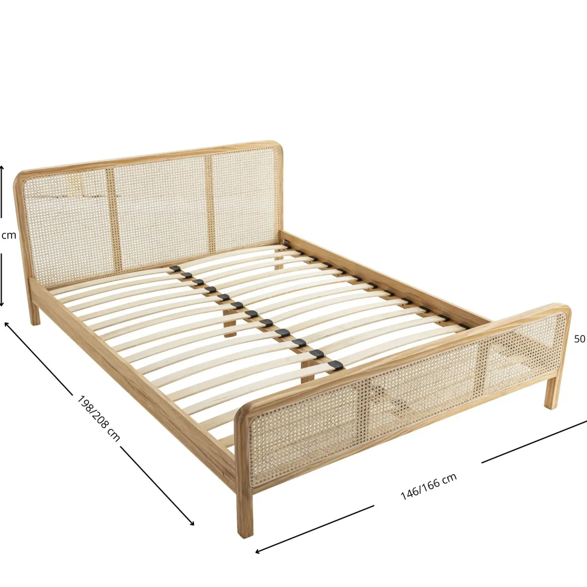 Chambre complète lit cannage avec commode et 2 chevets bois naturel ANNA