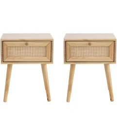 Chambre complète lit cannage avec commode et 2 chevets bois naturel ANNA