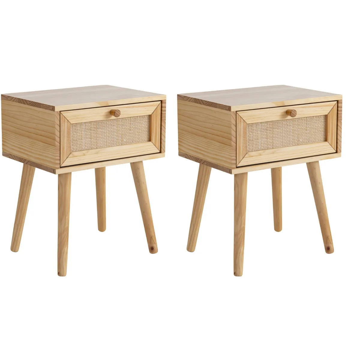 Chambre complète lit cannage avec commode et 2 chevets bois naturel ANNA