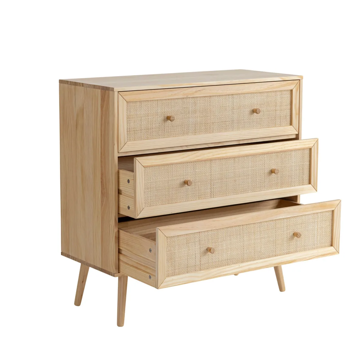 Chambre complète lit cannage avec commode et 2 chevets bois naturel ANNA