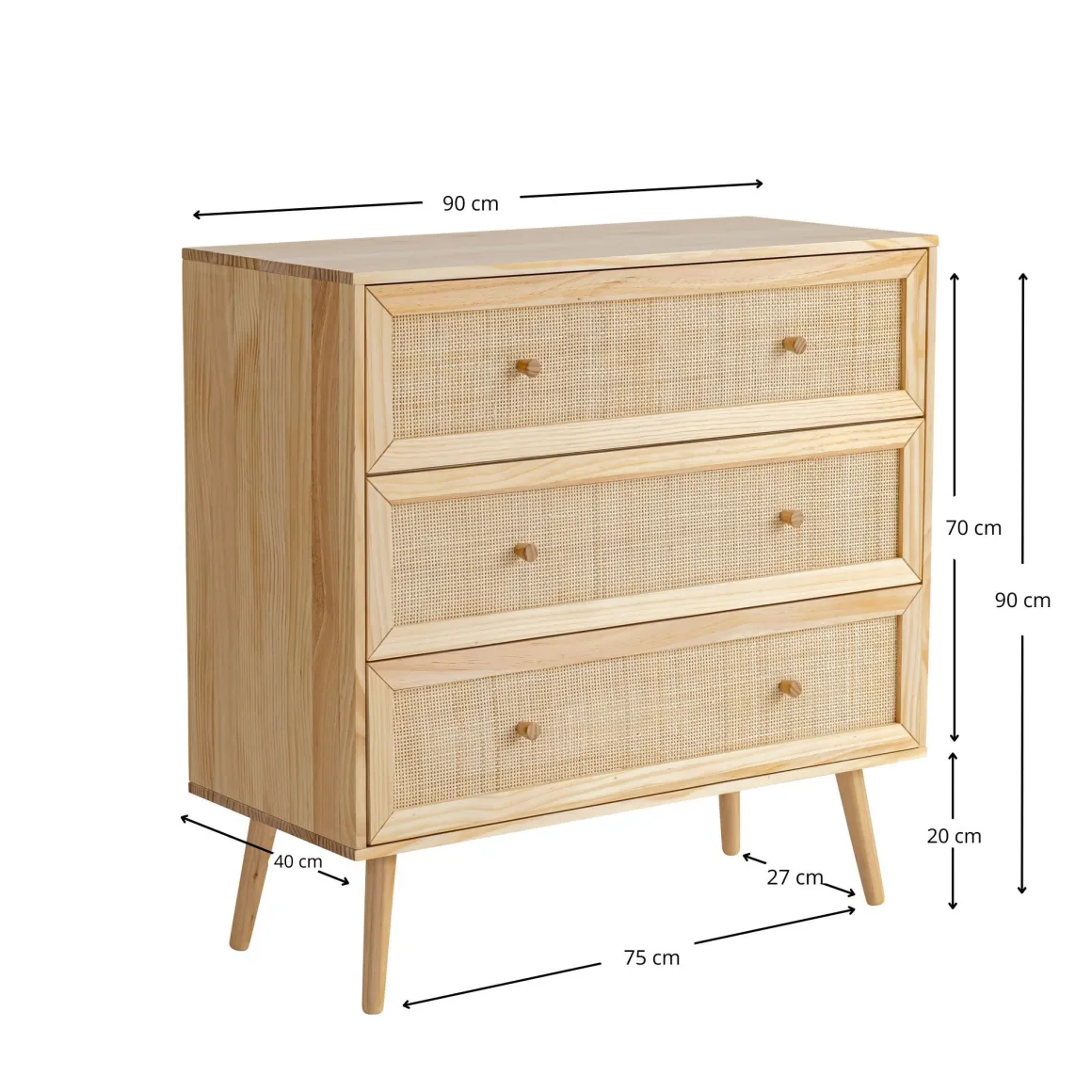 Chambre complète lit cannage avec commode et 2 chevets bois naturel ANNA