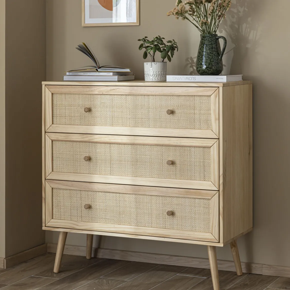 Chambre lit cannage enfant avec commode bois naturel ANNA