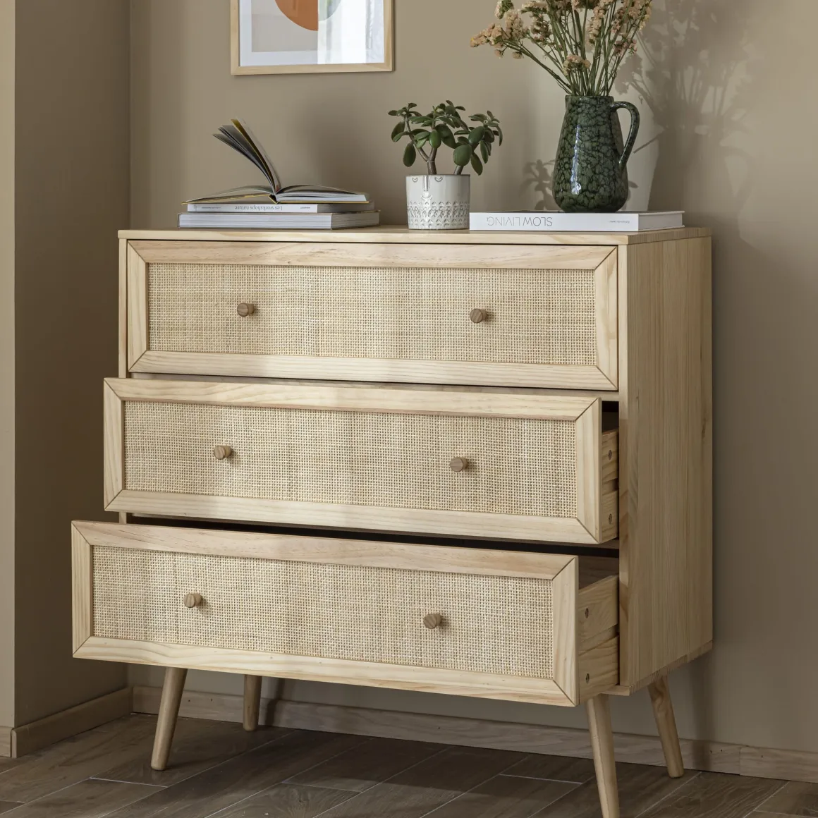 Chambre lit cannage enfant avec commode bois naturel ANNA