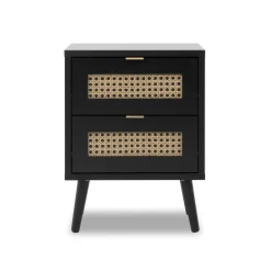 Chevet 2 tiroirs en bois noir impression cannage - CH7072