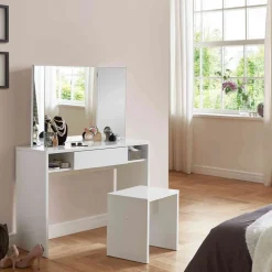 Coiffeuse avec miroir et rangements en bois blanc - CF13022