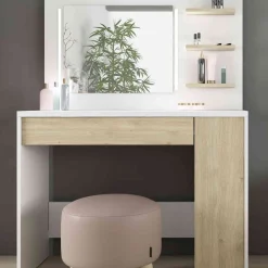 Coiffeuse enfant avec miroir en bois blanc et imitation chêne - CF9009