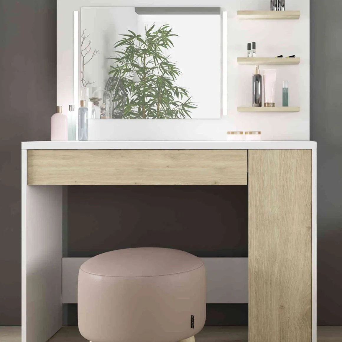 Coiffeuse enfant avec miroir en bois blanc et imitation chêne - CF9009