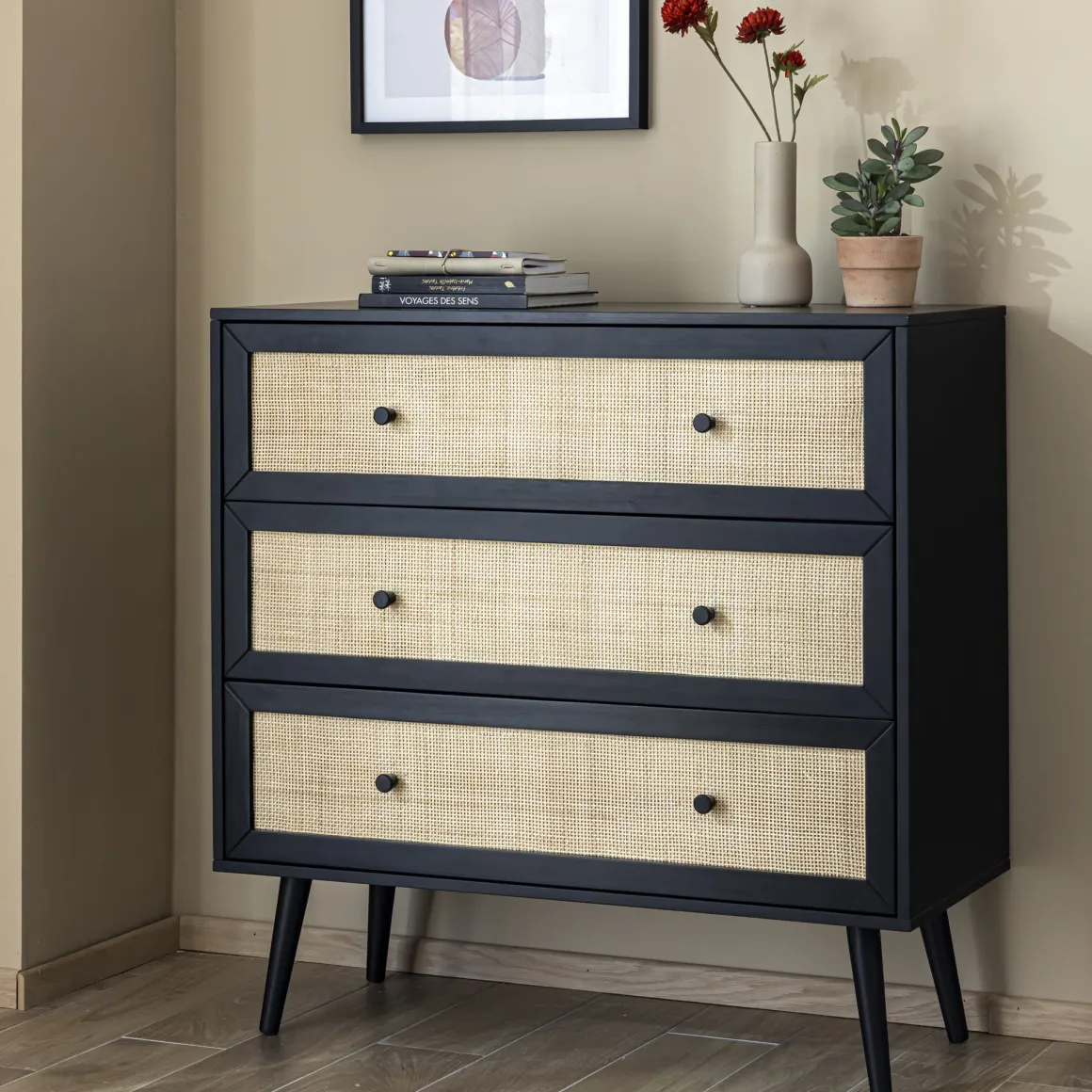 Commode cannage avec 3 tiroirs ANNA