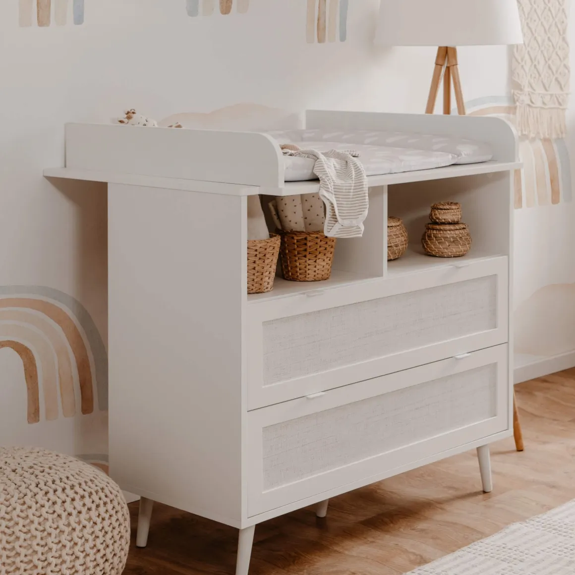 Commode à langer bébé 2 tiroirs en bois effet cannage - CO7085