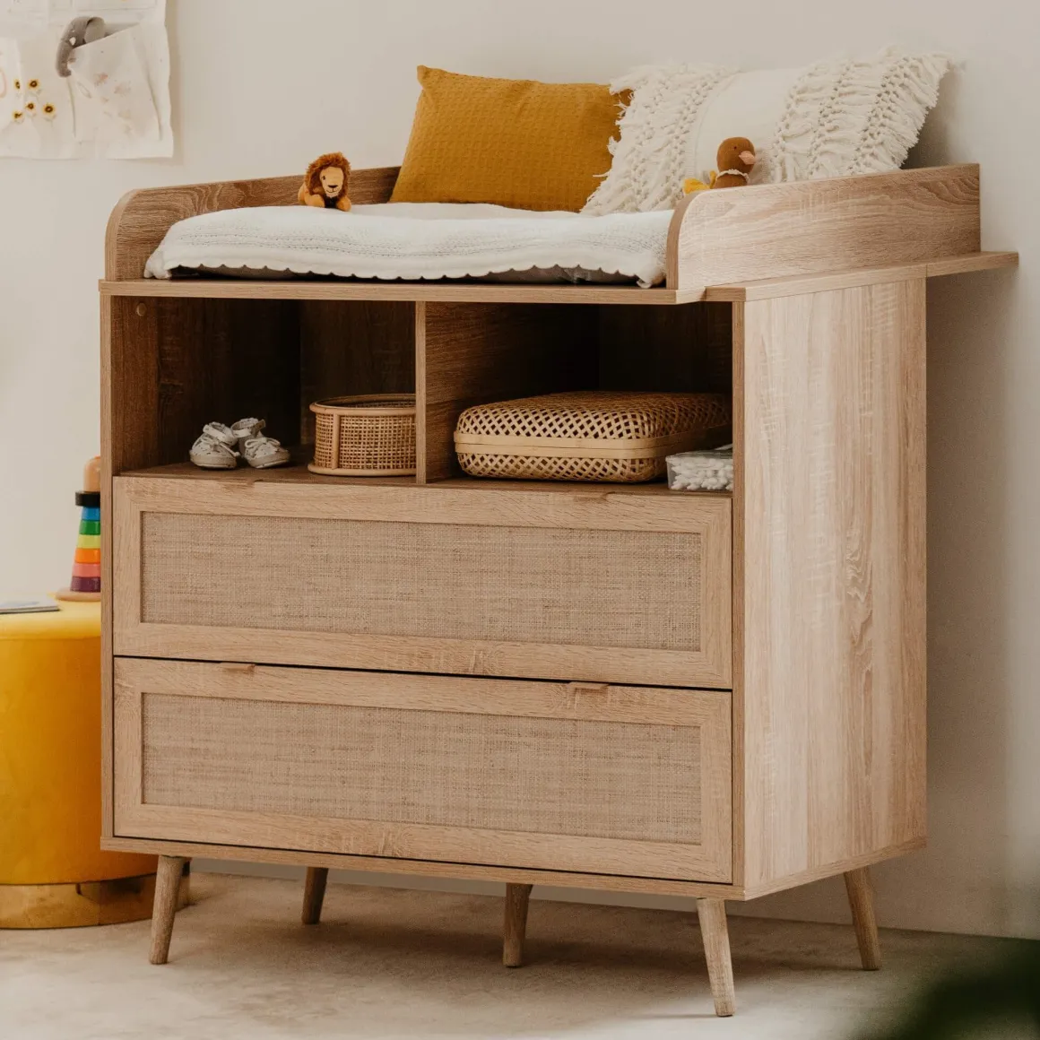 Commode à langer bébé 2 tiroirs en bois effet cannage - CO7085