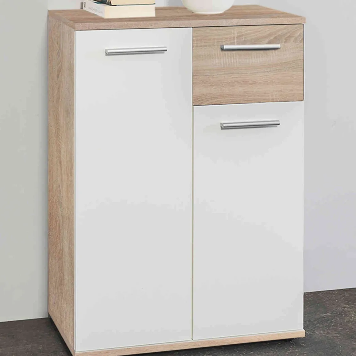 Commode 2 portes 1 tiroir en bois imitation chêne clair et blanc - CO7104