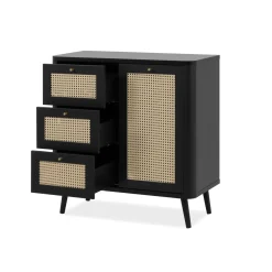 Commode 1 porte 3 tiroirs avec imprimé cannage PVC noir avec pieds en bois massif - CO7097