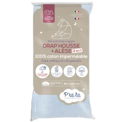 Drap housse bébé + alèse 2 en 1 coton imperméable gris