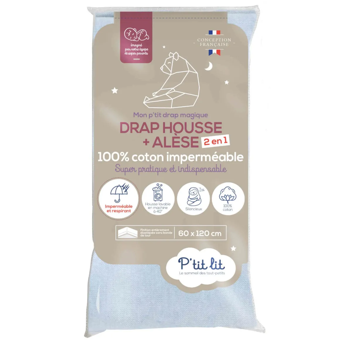 Drap housse bébé + alèse 2 en 1 coton imperméable gris