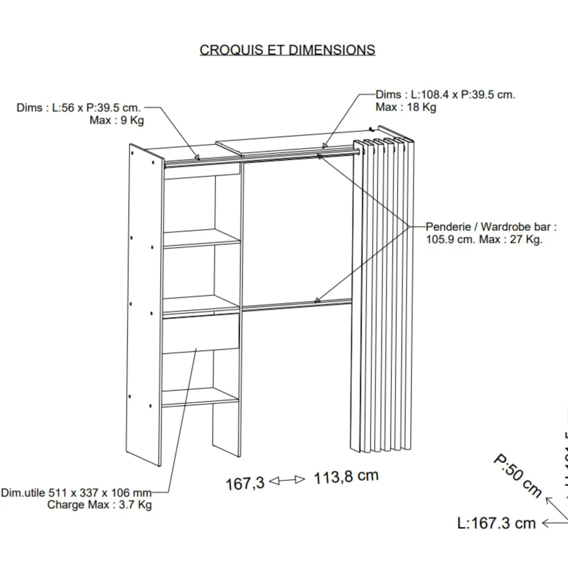Dressing ouvert avec rideau, extensible