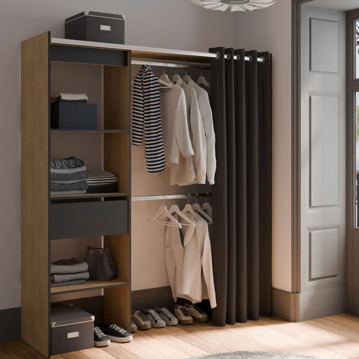 Dressing ouvert avec rideau, extensible