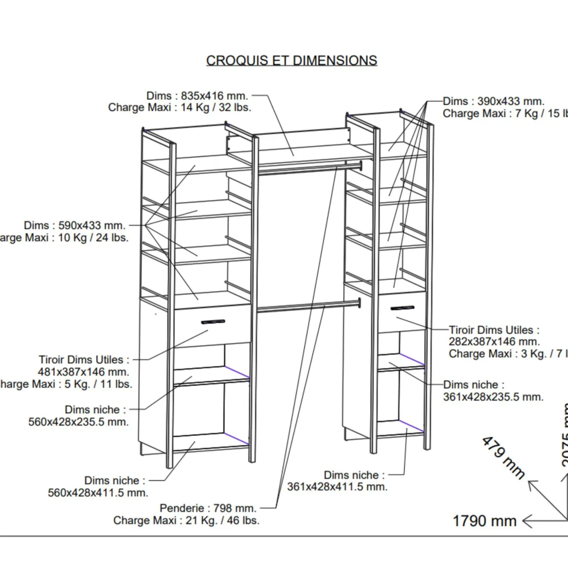 Dressing ouvert avec étagères et tiroirs bois clair - DR119