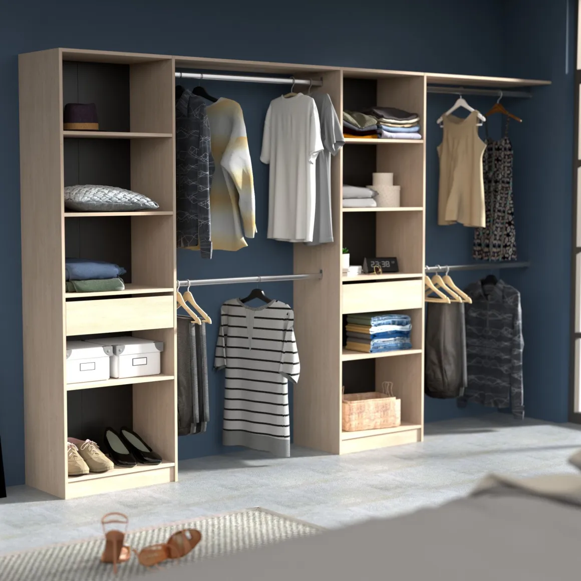 Dressing ouvert avec étagères, réversible bois naturel