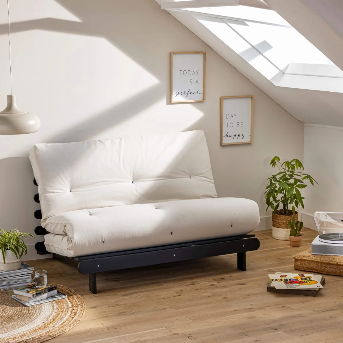 Ensemble matelas futon en coton et structure en bois massif noir