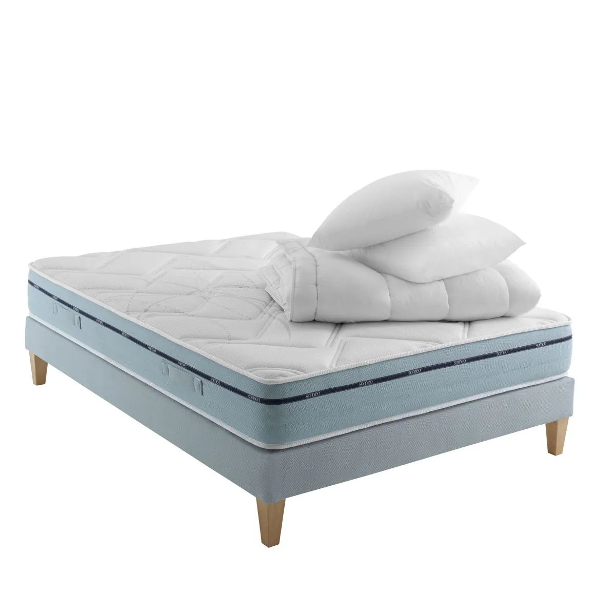 Ensemble matelas mémoire de forme, sommier, pieds, couette et oreiller Songe 500 - SOMEO