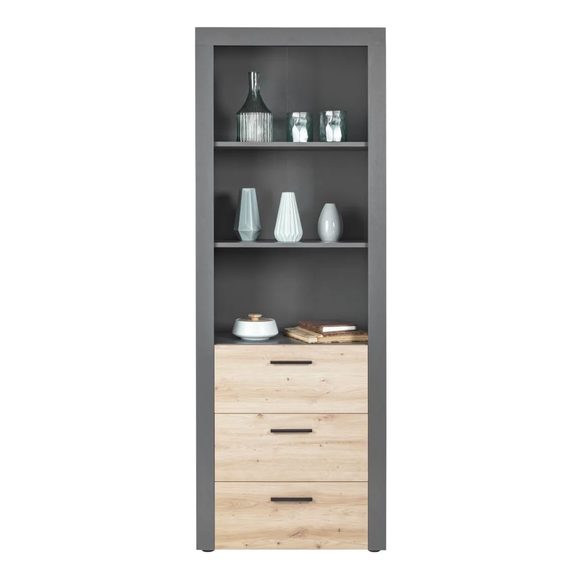 Etagère 3 niches en bois anthracite avec 3 tiroirs chêne artisan - ET12117
