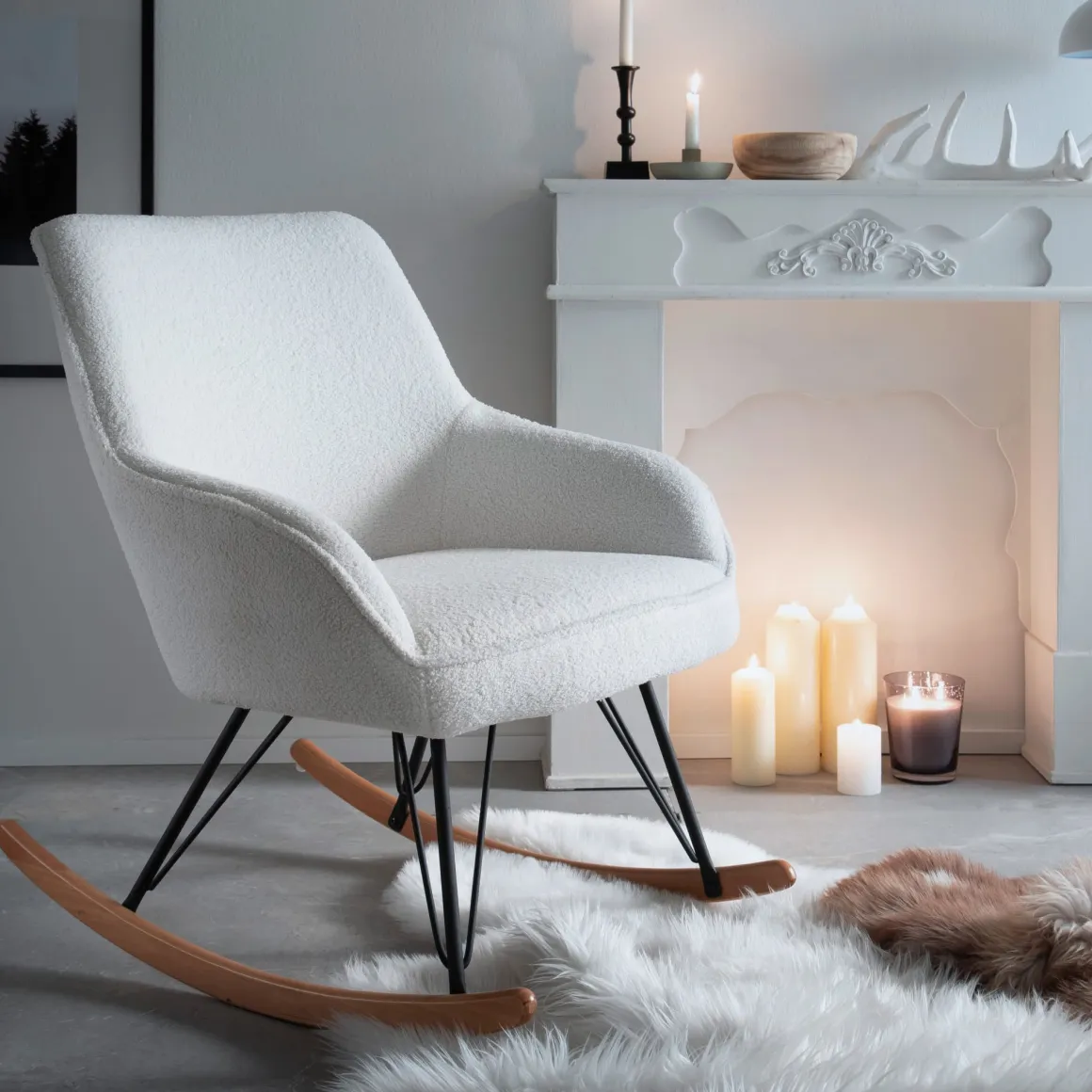 Fauteuil bouclette rocking chair avec pieds en hêtre - FA16024