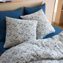 Housse de couette gaze de coton à fleurs bleues Terre de Nuit