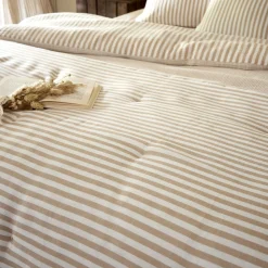 Housse de couette gaze de coton à rayures beige Terre de Nuit Ninon