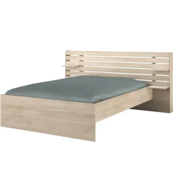 Lit adulte avec tête de lit et chevet en bois naturel CLEM