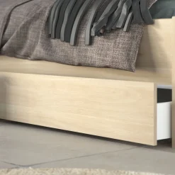 Lit adulte avec tête de lit et tiroirs bois naturel CLEM