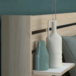Lit adulte avec tête de lit et tiroirs bois naturel CLEM