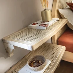 Lit adulte en pin massif avec véritable cannage + set de 2 planches de chevet cannage