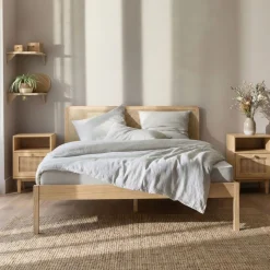 Lit adulte en pin massif tête de lit cannage + 2 chevets cannage ANNA