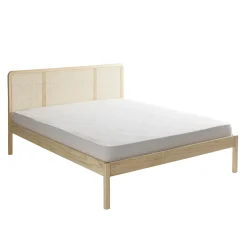 Lit adulte en pin massif tête de lit cannage + set de 2 chevets cannage ANNA