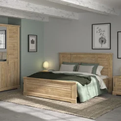 Lit avec 2 chevets en bois clair - LT5077