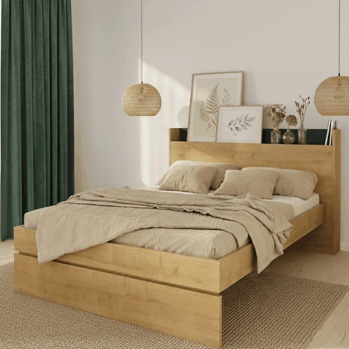 Lit avec tête de lit en bois imitation chêne - LI9051