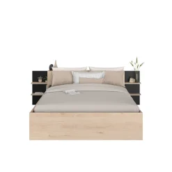Lit avec tête de lit rangement et tiroir de lit bois naturel et noir