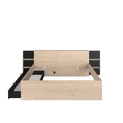 Lit avec tête de lit rangement et tiroir de lit bois naturel et noir