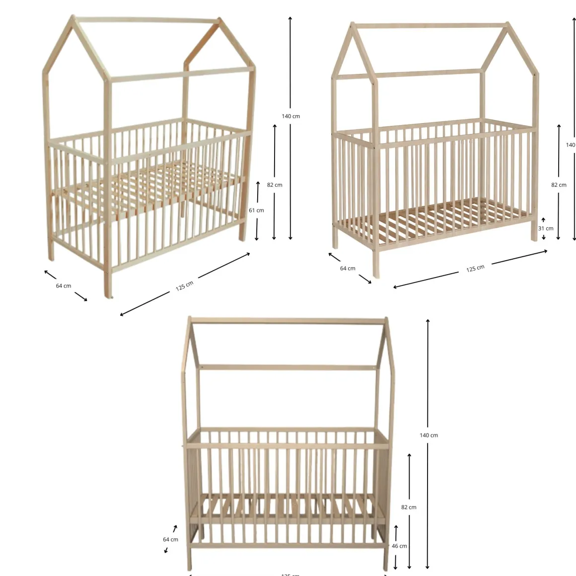 Lit bébé cabane évolutif en bois massif 60x120