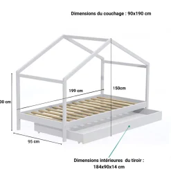 Lit cabane enfant avec tiroir en bois 90x190 - LT14006